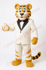 Custom Tiger Mascot Costume in White Tuxedo – Elegant Plush Suit for Events, Schools & Performances