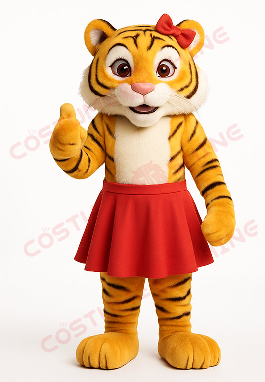 Tiger Mascot Costume with Red Dress and Bow – Custom Female Plush Mascot Suit for School Events & Promotions