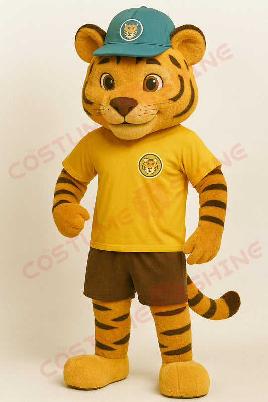 Tiger Mascot Costume – Custom Handmade Plush Suit with Yellow Shirt, Brown Shorts & Blue Hat for School Teams and Events