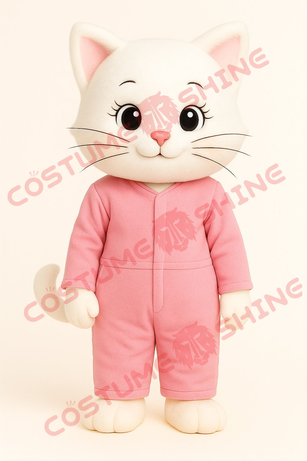 White Cat Mascot Costume in Pink Jumpsuit for Events & Shows