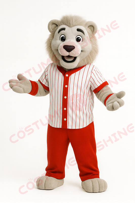 White Lion Mascot Costume in Red-Striped Baseball Uniform – Custom Plush Suit for School Teams, Sports Events & Brand Promotions