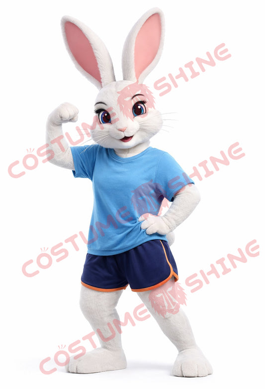 Adult White Rabbit Mascot Costume Sport Style Blue T-Shirt
