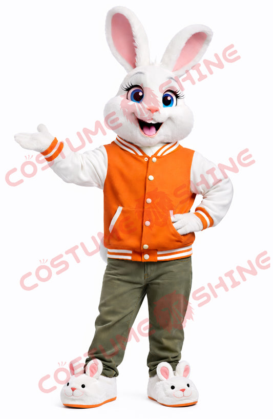 Adult White Rabbit Mascot Costume Orange Varsity Jacket