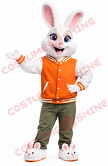 Adult White Rabbit Mascot Costume Orange Varsity Jacket