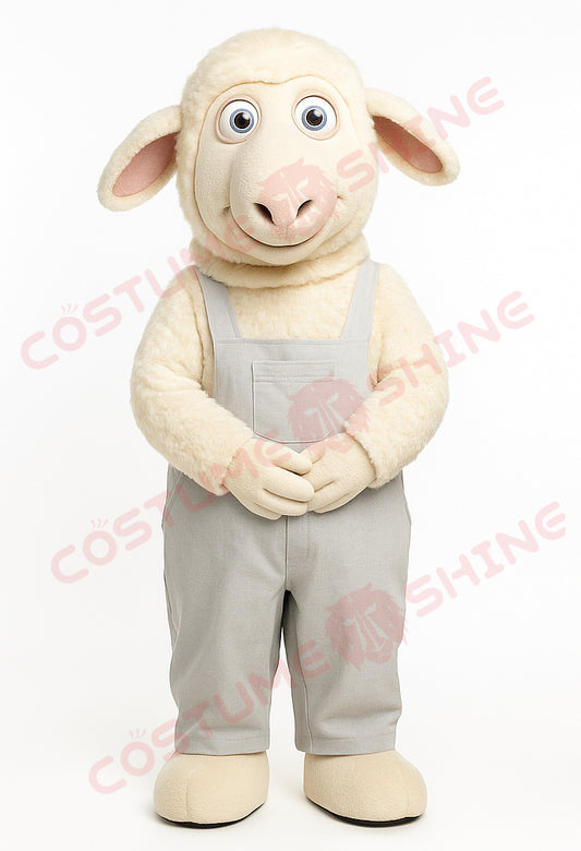 White Sheep Mascot Costume in Light Gray Overalls – Custom Plush Animal Suit for Events