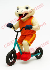 White Snake Mascot Costume Riding Scooter in Orange Sports Outfit
