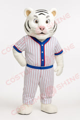 White Tiger Mascot Costume in Red & Blue Striped Baseball Uniform | Custom Sports Plush Suit
