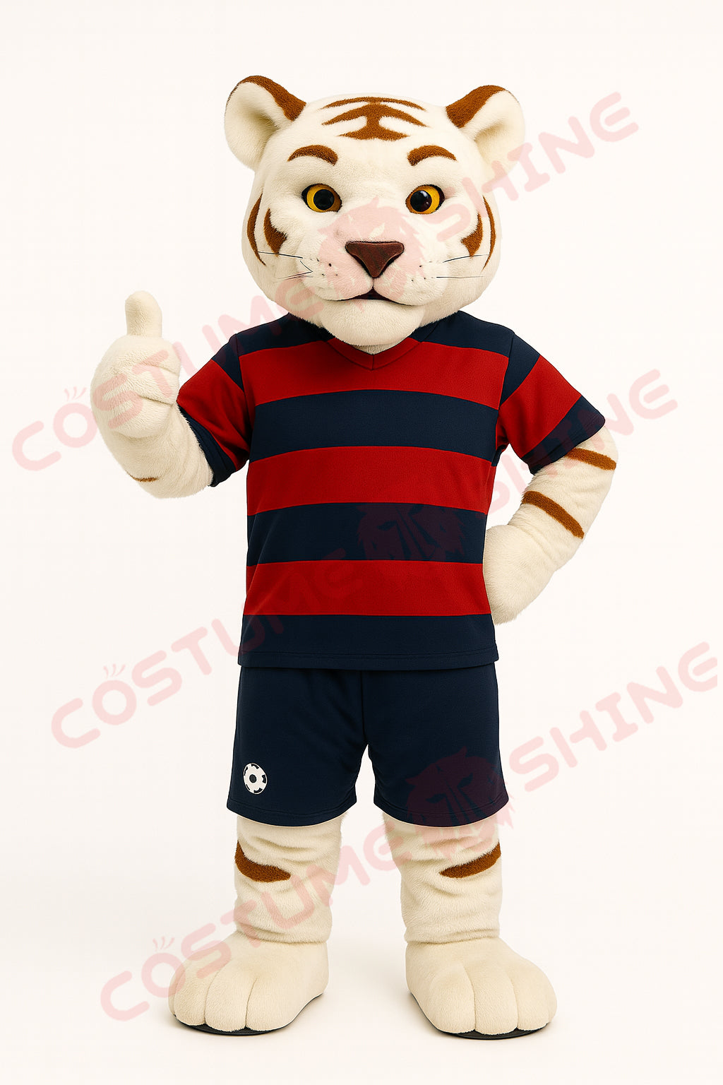 White Tiger Mascot Costume in Red & Blue Striped Sports Outfit – Custom Plush Suit for School Teams