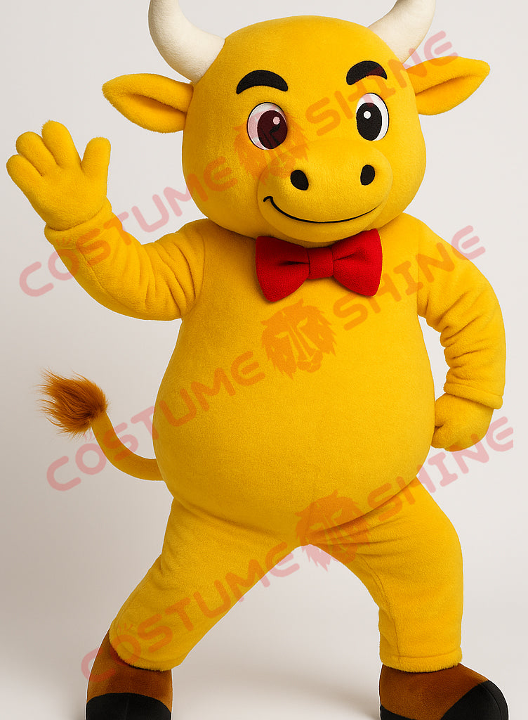 Yellow Bull Mascot Costume with Red Bow