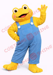 Yellow Frog Mascot Costume for Adults with Blue Overalls