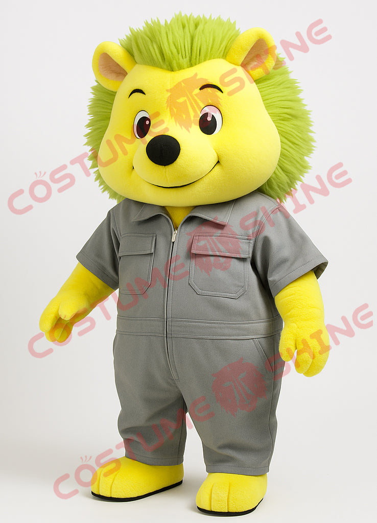 Yellow Hedgehog Mascot Costume in Gray Coverall for Events