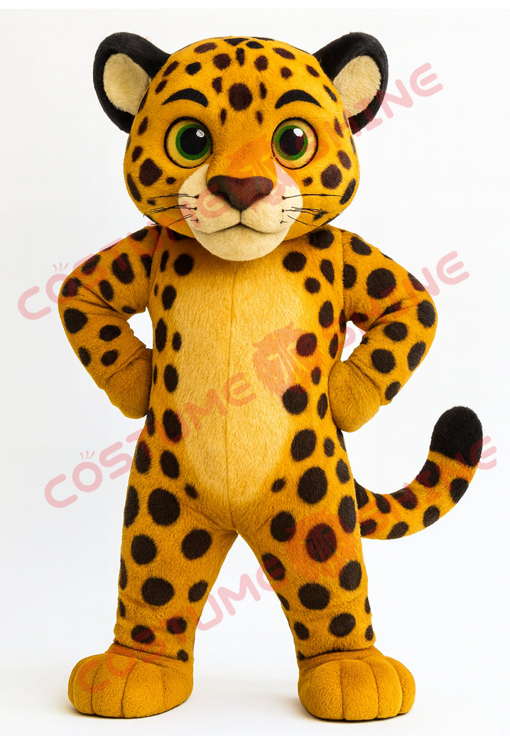 Yellow Jaguar Mascot Costume – Hands-on-Hips Plush Full-Body Animal Suit