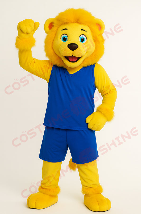 Yellow Lion Mascot Costume in Blue Basketball Uniform – Custom Plush Suit for School Teams & Sports Events