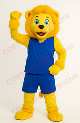 Yellow Lion Mascot Costume in Blue Basketball Uniform – Custom Plush Suit for School Teams & Sports Events