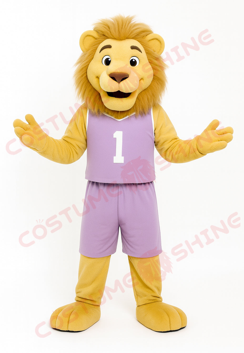 Yellow Lion Mascot Costume in Light Purple Basketball Uniform #1 – Custom Plush Suit for School Teams, Sports Events, and Brand Promotions