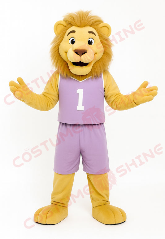 Yellow Lion Mascot Costume in Light Purple Basketball Uniform #1 – Custom Plush Suit for School Teams, Sports Events, and Brand Promotions