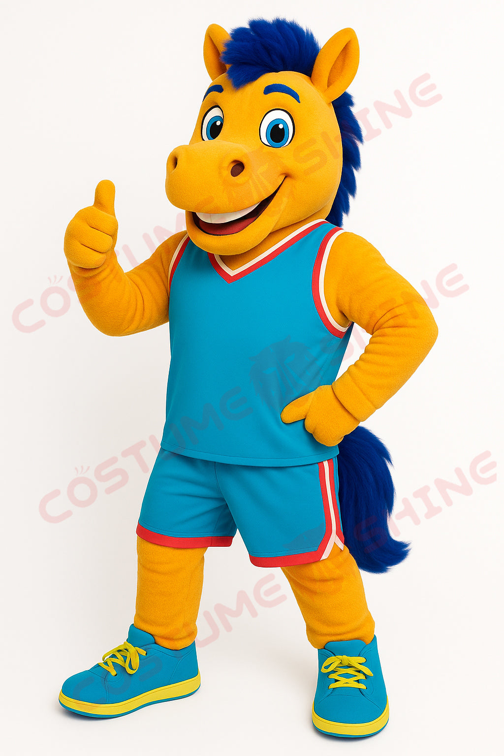 Yellow Mustang Mascot Costume in Blue Basketball Uniform | Custom Horse Mascot Suit for Schools and Sports Teams