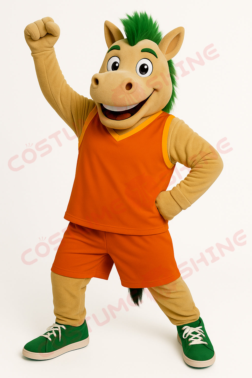 Yellow Mustang Mascot Costume with Orange Basketball Uniform – Custom Horse Mascot Suit for School Teams and Events