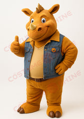 Yellow Rhino Mascot Costume with Denim Vest – Custom Plush Suit for School Teams, Sports Events & Business Promotions