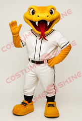 Yellow Snake Mascot Costume in Baseball Uniform with Red Tongue