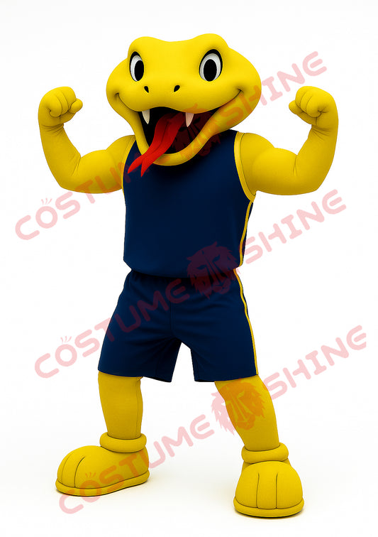 Yellow Snake Mascot Costume in Navy Sports Outfit Flexing Arms