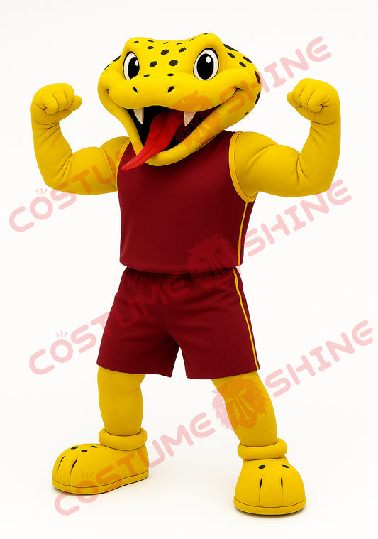 Yellow Snake Mascot Costume in Red Sports Outfit Flexing Muscles