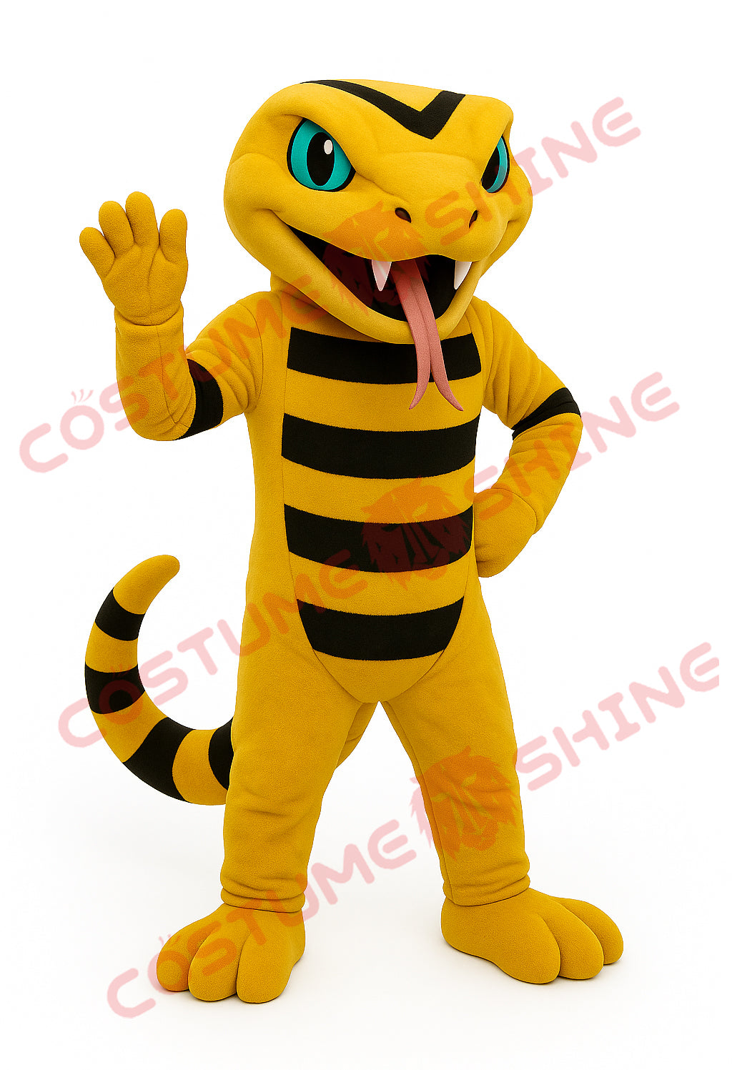 Yellow Snake Mascot Costume with Black Stripes and Red Tongue