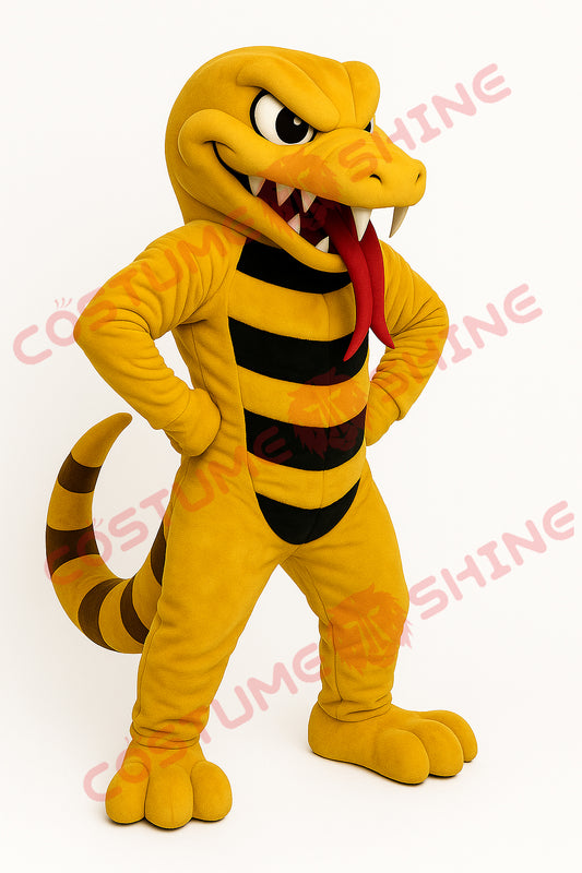 Yellow Snake Mascot Costume with Black Stripes and Red Tongue